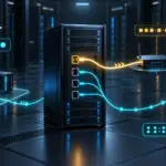 Eine Server-Illustration, die mehrere Netzwerkinterfaces und ausgewählte Ausgangspfade zeigt