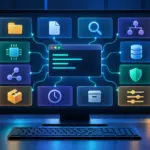 Illustration eines Bildschirms, auf dem die Kategorien von Linux-Befehlen wie Datei, Prozess und Netzwerk verbunden sind