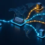 Netzwerkdiagramm, das Computer, Router und entfernte Server über mehrere Kommunikationswege verbindet