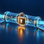 Illustration von zwei Computern, die über einen verschlüsselten Tunnel mit Schloss Dateien austauschen