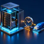 Eine Illustration, in der ein leerer Server nacheinander mit einem Verwaltungsschlüssel, einer Uhr und einer Netzwerkverbindung ausgestattet wird