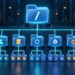 Dibujo que representa la estructura de directorios de Linux, que se ramifica desde la carpeta raíz hacia las áreas principales como configuración, usuarios, registros y dispositivos.
