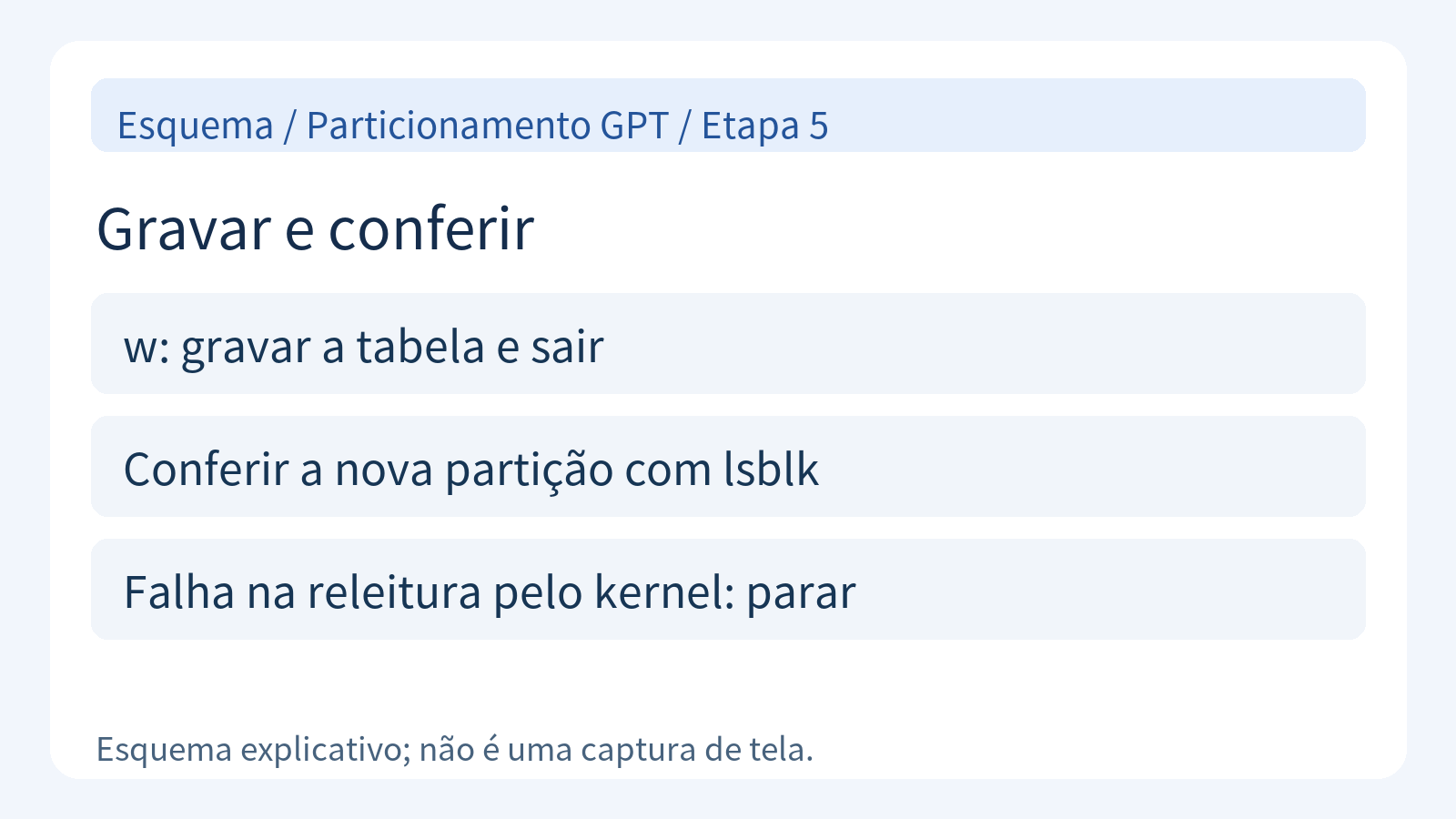 Gravação com w e conferência da partição reconhecida pelo kernel.