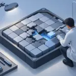 Abstrakte technische Illustration, die das Konzept von Vorsichtsmaßnahmen bei der Überprüfung und Wiederherstellung von Dateisystemfehlern darstellt