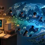 Una imagen que representa la historia de Linux, desde los primeros proyectos de computadoras personales hasta su expansión a entornos de servidores, nube, móviles y embebidos