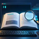 Ein Vergrößerungsglas, das vor dem Terminal aufgeschlagene Linux-Handbuch und Inhalte durchsucht
