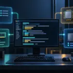 ターミナルの周辺にネットワーク、CPU、メモリ、ディスクの情報を整理した技術メモ画面