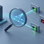 Une loupe examine plusieurs ports symbolisés par des portes ouvertes ou fermées reliées à un serveur.