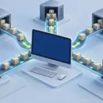Ilustración técnica que muestra el concepto de instalación de paquetes y actualización completa del sistema en Arch Linux