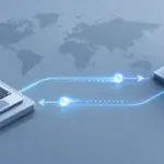 Un ordinateur portable et un serveur échangent des signaux lumineux dans les deux sens devant une carte du monde.
