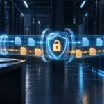 暗号化された通路を通じてコンピュータとサーバーの間でファイルを送信するイラスト