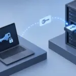 Ilustración técnica abstracta que representa el concepto de registrar una clave pública SSH en una cuenta remota