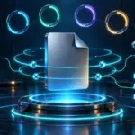 ファイルオブジェクトの周りに保存ブロック、inodeの接続、権限レイヤーと四つの時間リングが配置されたメタデータ分析の場面