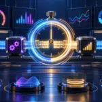 Un chronomètre au milieu d’un flux de traitement entouré de graphiques de ressources, illustration de la mesure avec time
