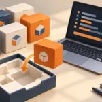 ソフトウェアの箱と開いたパッケージトレイ、ターミナルを表現したノートパソコン