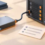 Un disque externe est relié à un serveur près d’une liste de contrôle et d’un symbole de validation, sans texte.