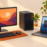 グラフィック画面のモニター、サーバー本体と端末を接続したノートパソコンを並べて配置した様子