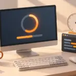 Un écran de mise à jour accompagné d’une horloge et d’un terminal stylisé sans texte.