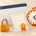 Un cadenas et un certificat devant une fenêtre de navigateur, avec une horloge entourée d’une flèche de renouvellement, sans texte.