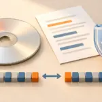Un disque d’installation, une liste et un bouclier à coche, avec deux séries de blocs identiques à comparer.