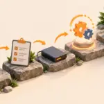 バックアップディスクとチェックリストを準備して、段階的に新しいシステムに移行する様子