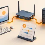 Router, der Desktop und Server verbindet, und Netzwerk-Einstelltabelle