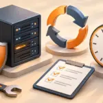 Pfeil für Updates und Schild neben dem Server, Uhr und Checkliste