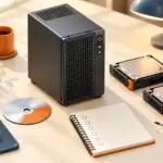 La apariencia de un disco de instalación, dos dispositivos de almacenamiento y una hoja de verificación vacía colocados al lado del cuerpo del servidor