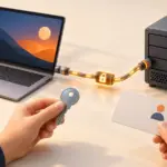 El cable que conecta la computadora portátil y el servidor, la mano que sostiene la clave pública y la tarjeta de cuenta