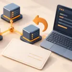 Un ordinateur portable affiche des lignes symboliques de configuration près de serveurs reliés et d’une flèche de retour, sans texte lisible.