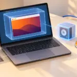 Un portable montre une machine virtuelle reliée à un disque distinct, une image optique et un réseau, sans texte.